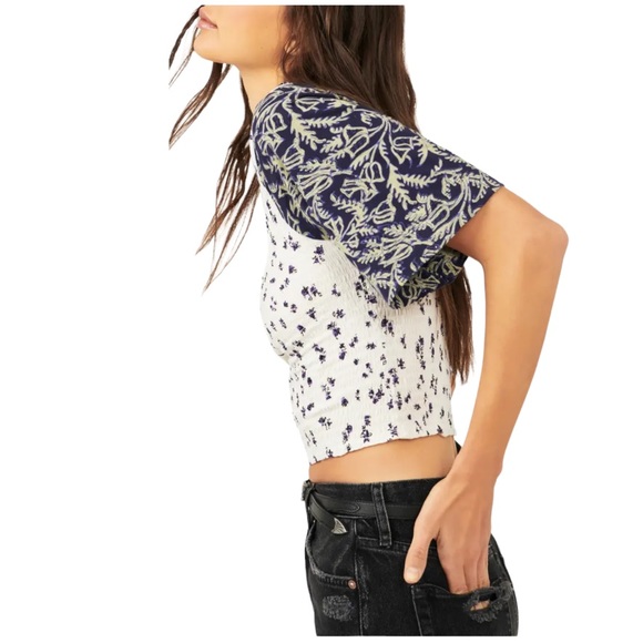 Free People Marigold Mix Print Smocked Top Navy Combo size S - Picture 2 of 6